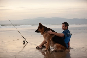 Fishing man with a dog on the beach